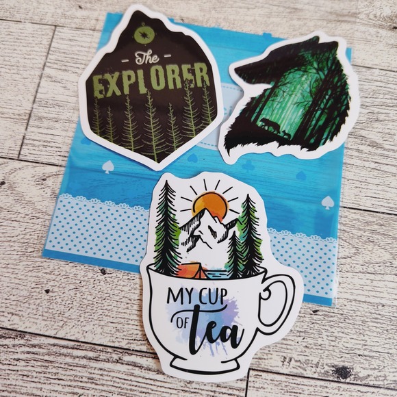 Other - 3pc Explorer Sticker Bundle - Wolf Silhouette & My Cup of Tea Mountain Decals